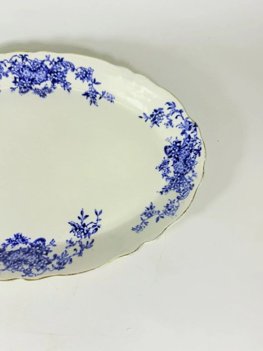 Transferware Rimmed Serving Platter Flow Blue Cresent Utophia Alpha Blue and Whi